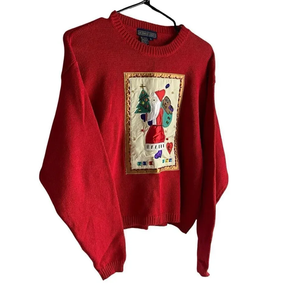 Herman Geist Sweater Women's Large Red Christmas Holiday Santa Pullover